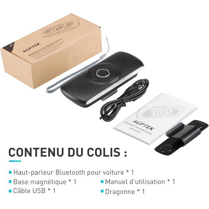Kit Mains Libres pour Voiture Bluetooth 5.0 Haut-Parleur Micro Intégré avec Clip Support du GPS