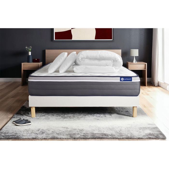 Juego completo de cama de 160x200 cm - Colchón + Base de cama blanca (requiere montaje) + 2 almohadas + Edredón - Actilatex P