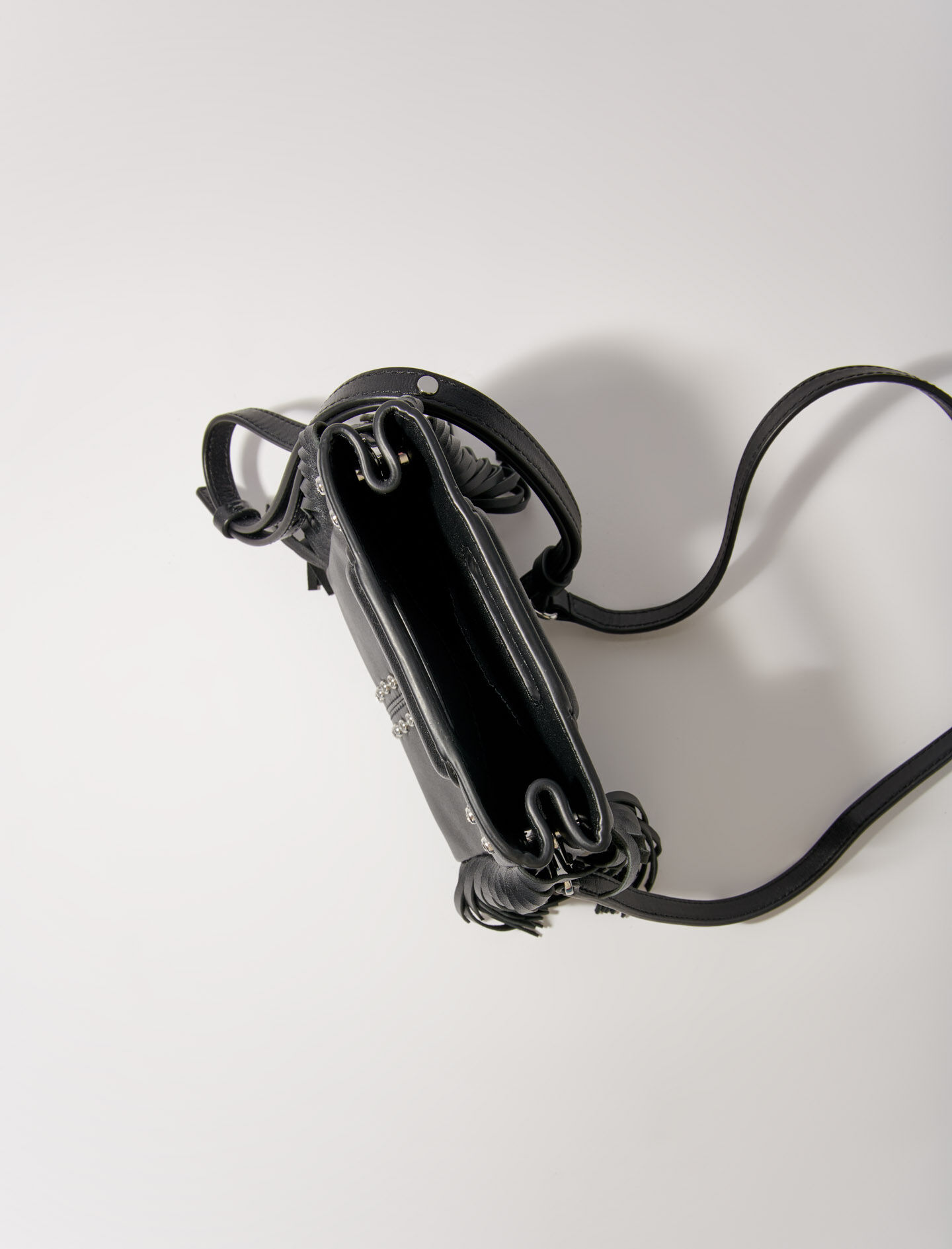 Kleine leren handtas met franjes (M) - Zwart