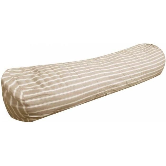 Cojín cilíndrico - MORTREUX - 140 cm - Algodón a rayas beige y blanco - 850 g/m² - Bolsa de almacenamiento