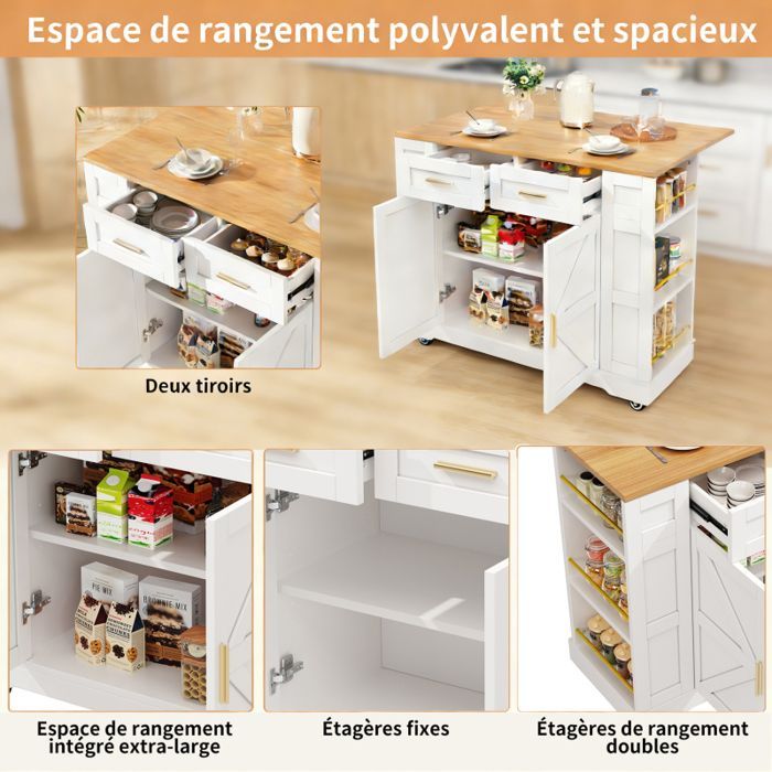 Îlot de Cuisine avec Plateau Extensible - 2 Portes + 2 Tiroirs + Espace de Rangement latéral+Étagères Réglables et 6 Roues
