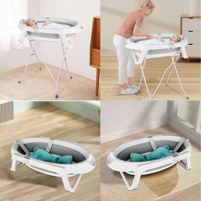 Bañera para bebé MIPAN con soporte - Bañera ergonómica para bebé - Con cojín - Drenaje integrado - 63*60*84,5 cm - Gris