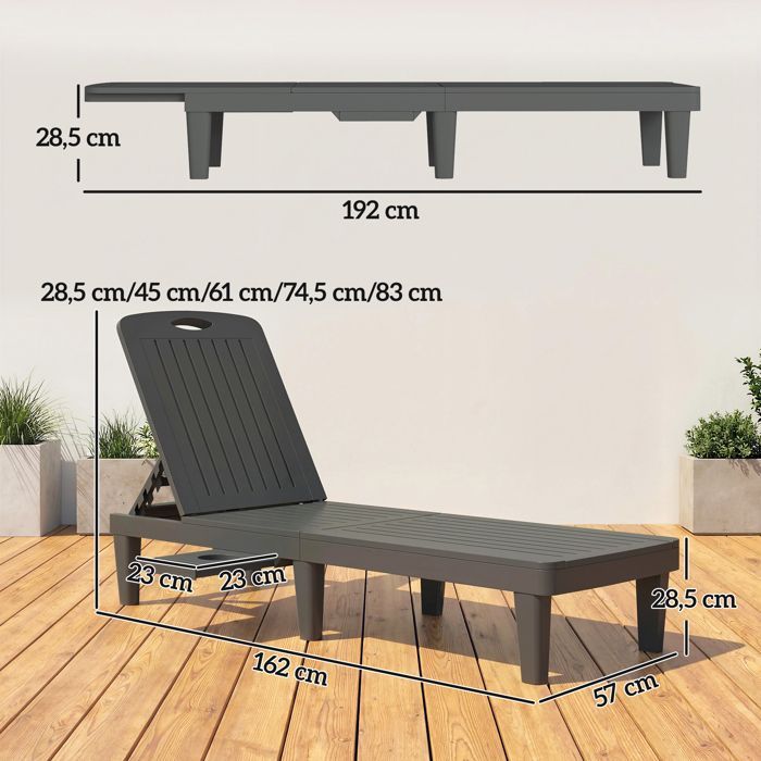Lot de 2 chaises longues - Outsunny - dossier réglable 5 positions - tablette latérale - plastique - gris