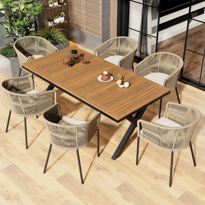 Conjunto de mesa y sillas de jardín - 6 plazas - 1 mesa de madera de acacia y 6 sillas decoradas con cuerda - Beige