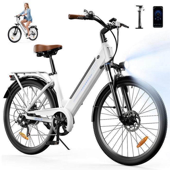 AGILERIDE Vélo Électrique Adulte VTT 26'', Moteur 350W, Batterie amovible 36V 13Ah, 7 Vitesses, Charge 120 kg, Autonomie 90KM, Blanc