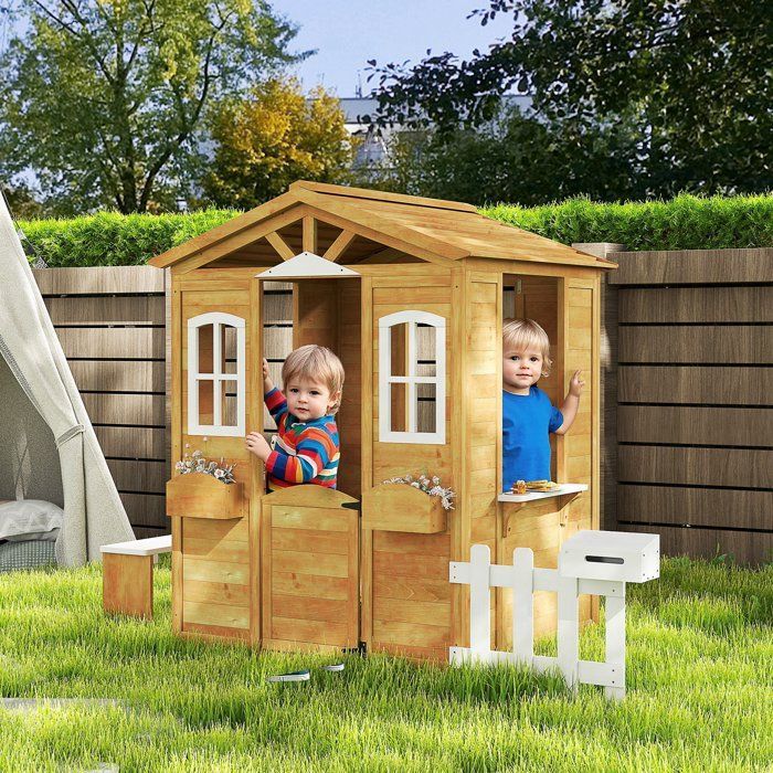 Children's playhouse, wooden garden house with door and windows, bench, mailbox, fence, for ages 3 to 6