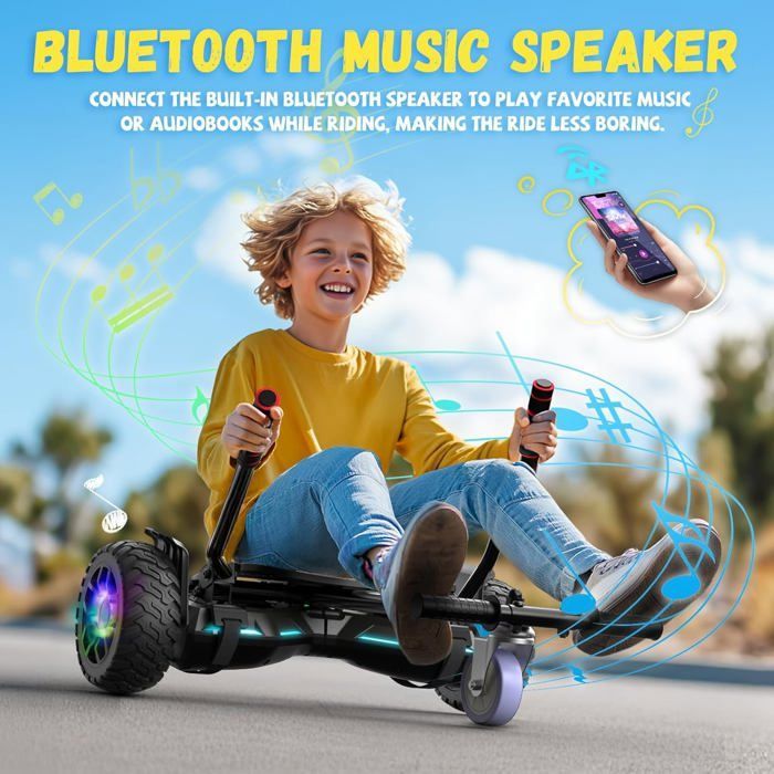 Hoverboard con asiento integrado, 8,5 pulgadas con altavoz Bluetooth y luces LED para niños (incluye kart a pedales), gris