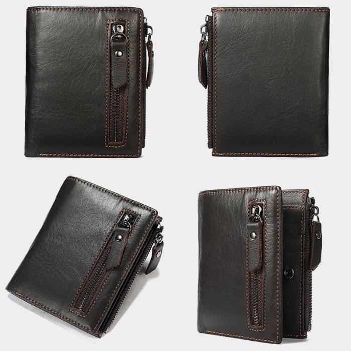 Cartera de cuero genuino para hombre con bloqueo RFID, monedero vintage para tarjetas de crédito - Café oscuro