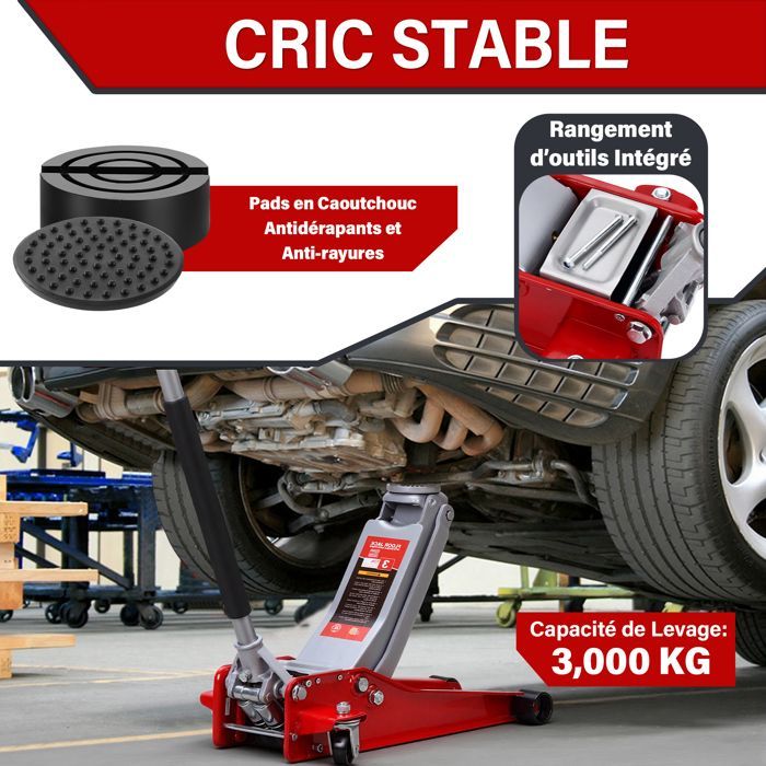 Gato hidráulico de 3 toneladas, gato para coche TEENO, altura de elevación de 75 a 500 mm, pistón de doble fondo, 2 soportes de goma, ruedas giratorias de 360°.