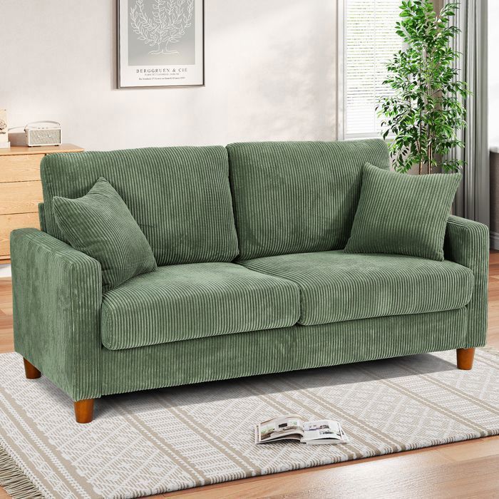 Sofá de 2/3 plazas en pana verde, estilo escandinavo, con 2 cojines y 2 almohadas para salón, patas de madera, 178×76×84cm