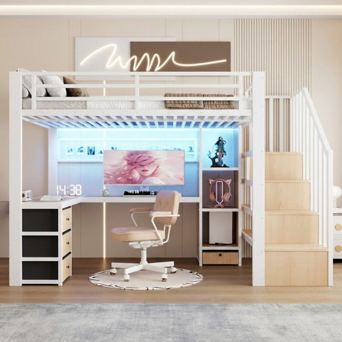 Lit mezzanine - LANGTU - 90x200 avec bureau - Escalier rangement - LED intégrée - 4 tiroirs - Métal/MDF - Blanc