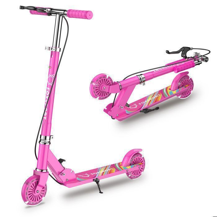 Patinete infantil FOXSPORT - Plegable - 2 ruedas con luces intermitentes - Manillar ajustable en 3 niveles - Freno de mano - Capacidad de carga de 100 kg - Rojo