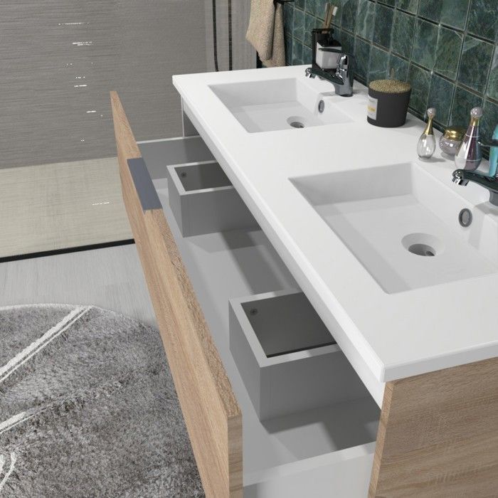 MALAGA 120 cm badmeubel + wastafel + spiegel + hoge kast / Witgekalkte eiken afwerking