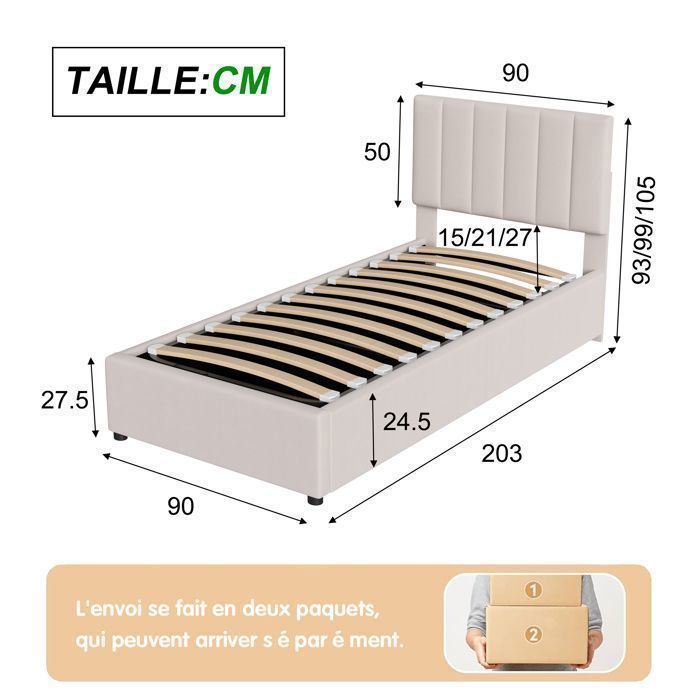 Opbergbed 90x200cm, eenpersoonsbed, bed van 90 x 200 cm met lattenbodem en opbergruimte, kinderbed, bedframe, beige, linnen