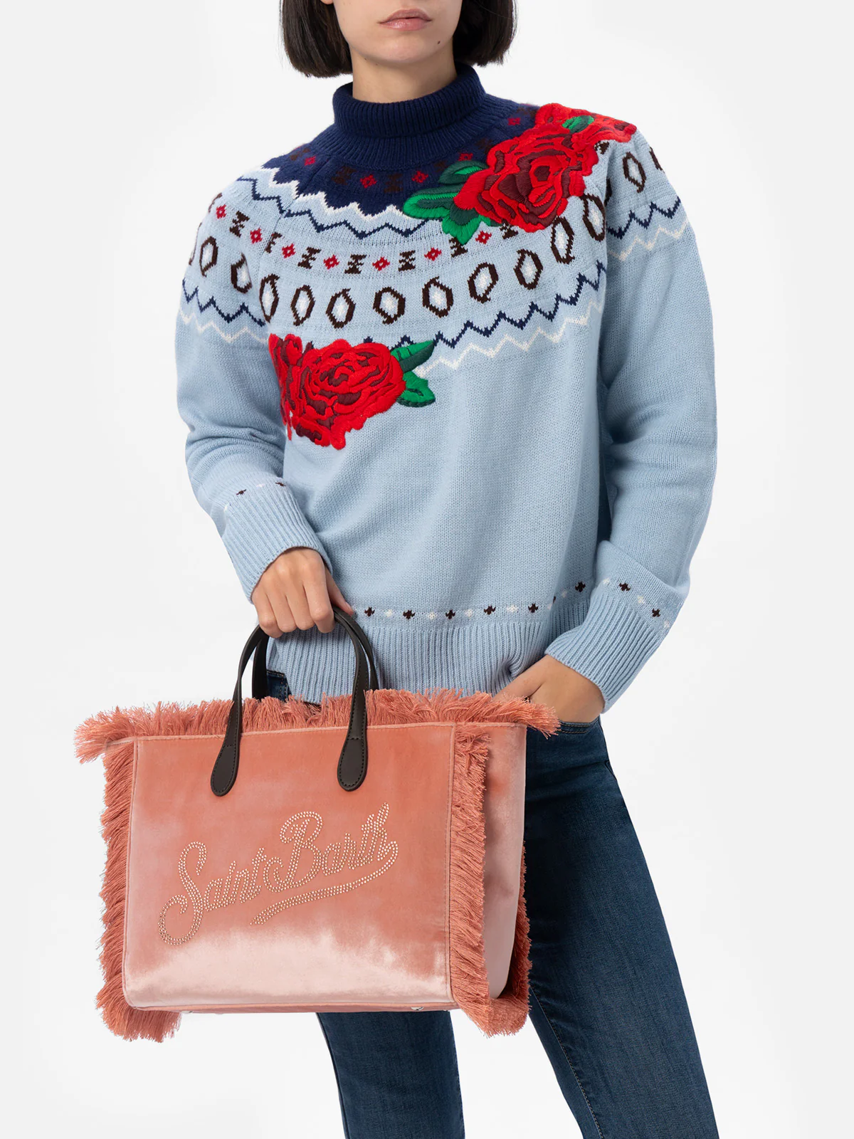 Colette tas in roze fluweel met logo van strass-steentjes