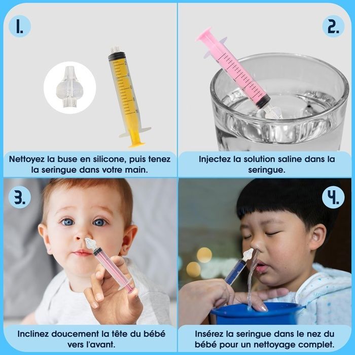 Kit de aspirador nasal BORNOVA - 8 jeringas nasales para bebés y adultos - Punta de irrigador nasal de silicona, 10 ml (4 azules + 4 amarillas)