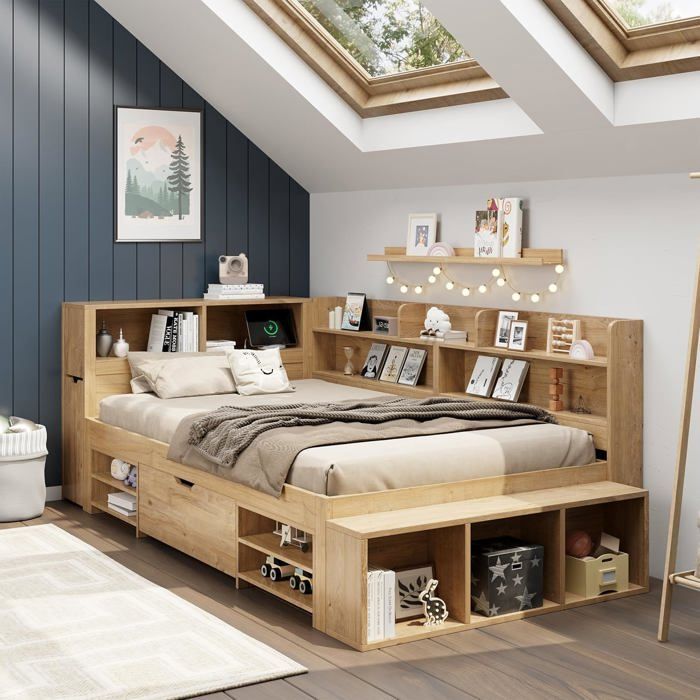 Letto per bambini 90 x 200 cm, letto contenitore con ricarica wireless e porta USB, comodini, mensole e armadietti contenitori.