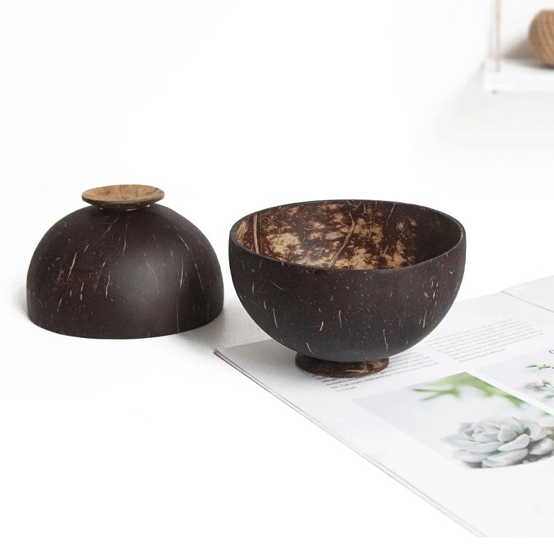 Ensemble de 1 bol et cuillère en noix de coco naturelle (12-15 cm) pour salades, nouilles, riz, fruits et en-cas. Vaisselle en bois pour restaurant ou cuisine.