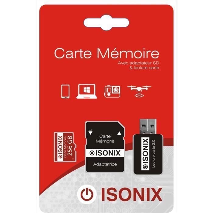 Tarjeta Micro-SD de 256 GB - ISONIX - SDXC/SDHC - Clase 10 - Adaptador incluido - Compatible con smartphones y cámaras