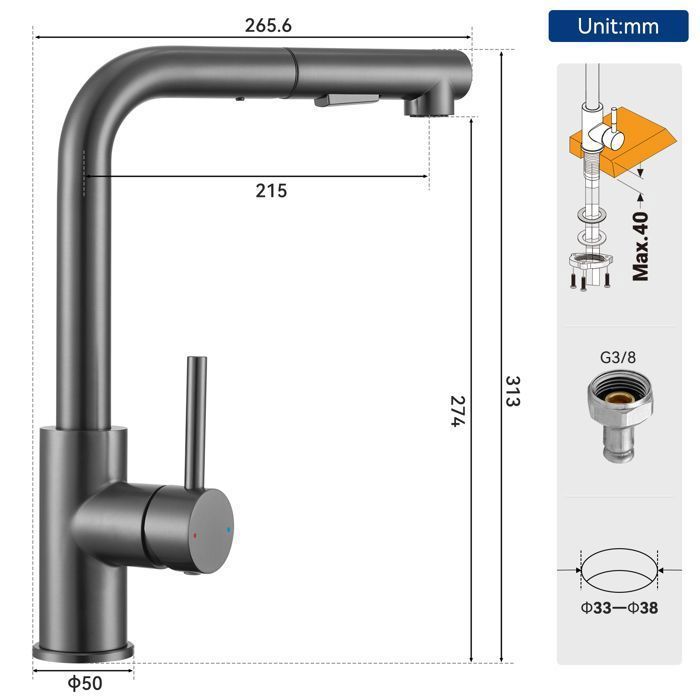 Mitigeur de cuisine - SOFETIY MAX - SOFETIY MAX - Inox brossé gris foncé - Douchette extractible 40 cm - Rotation 360°