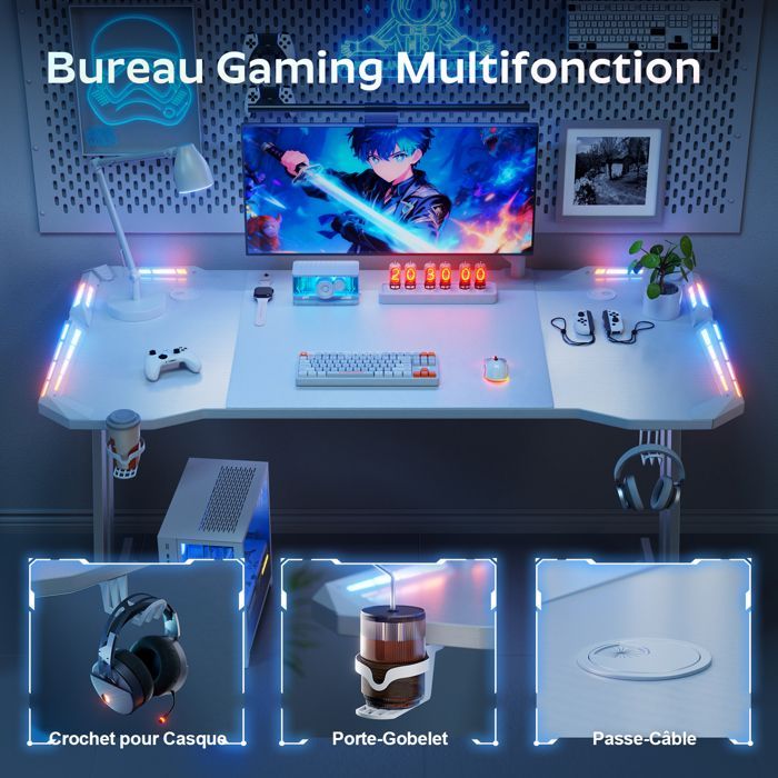 Scrivania da gaming HLONONE 120 x 60 x 74 cm con illuminazione a LED, bianca, ergonomica e antigraffio