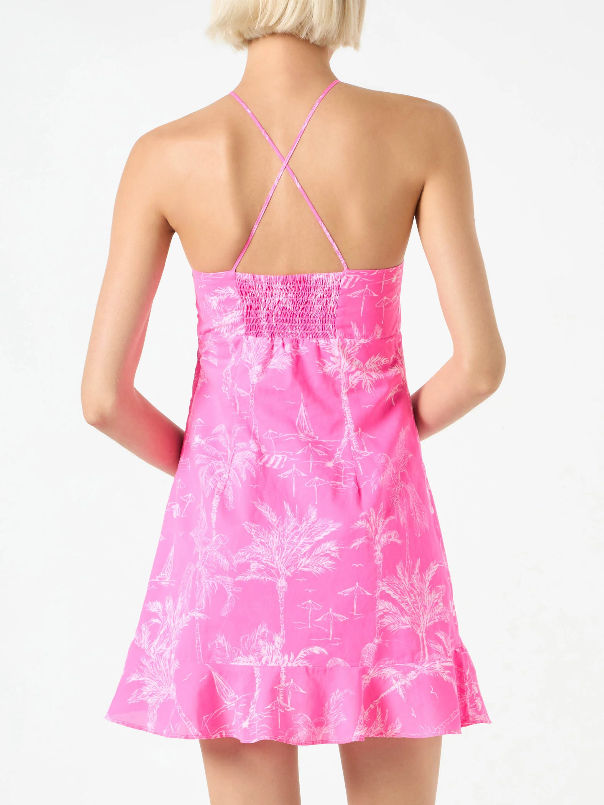 Fluorescerande rosa toile de jouy-mönstrad underklänning