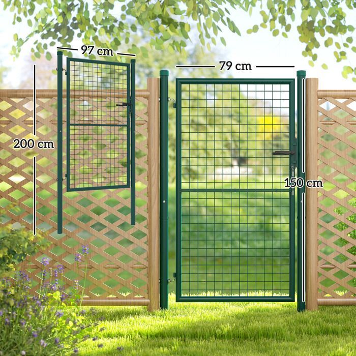 Puerta de jardín - Outsunny - con cerradura, llaves y manilla - fabricada en acero - 97 x 200 cm - para uso exterior - verde