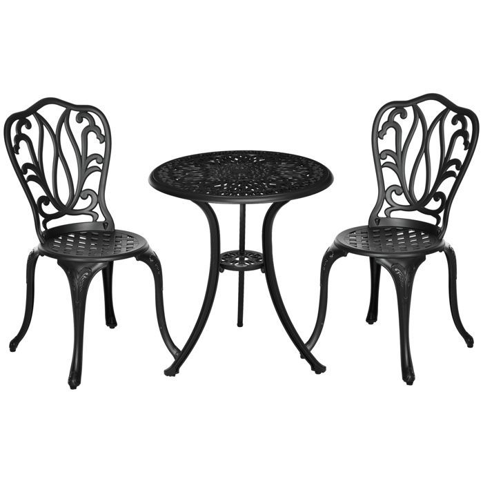 Conjunto de muebles de jardín para exteriores: mesa redonda y sillas - Outsunny - estructura de aluminio con orificio para sombrilla - muebles de aluminio - negro