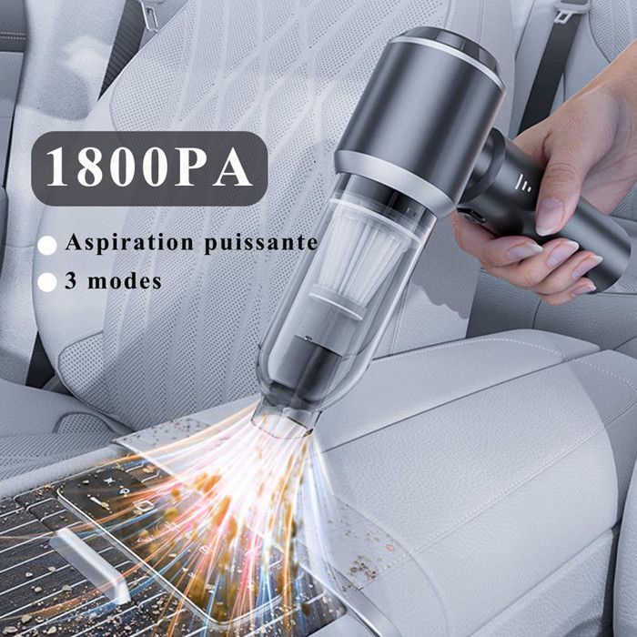 Aspirateur Voiture,18000Pa 4 in 1- Aspirateur à Main - 3 Vitesses 80000Tr/min Sans Fil, Batterie 6000mAh, Filtre HEPA Lavable, Gris