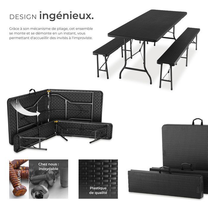 Mesa de camping con bancos - TECTAKE - Conjunto de comedor VANI: 1 mesa, 2 bancos, compacto y plegable con asas de transporte - Negro