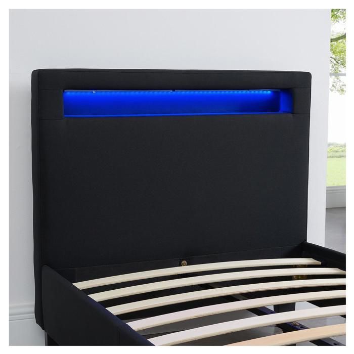 Lit LED simple 90x190 cm avec sommier, tête de lit confortable, lit 1 place revêtement en tissu noir, MOLINA