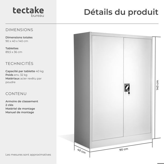 Office storage - TECTAKE - Metal filing cabinet with 3 adjustable shelves - 90 cm x 40 cm x 140 cm - Grey