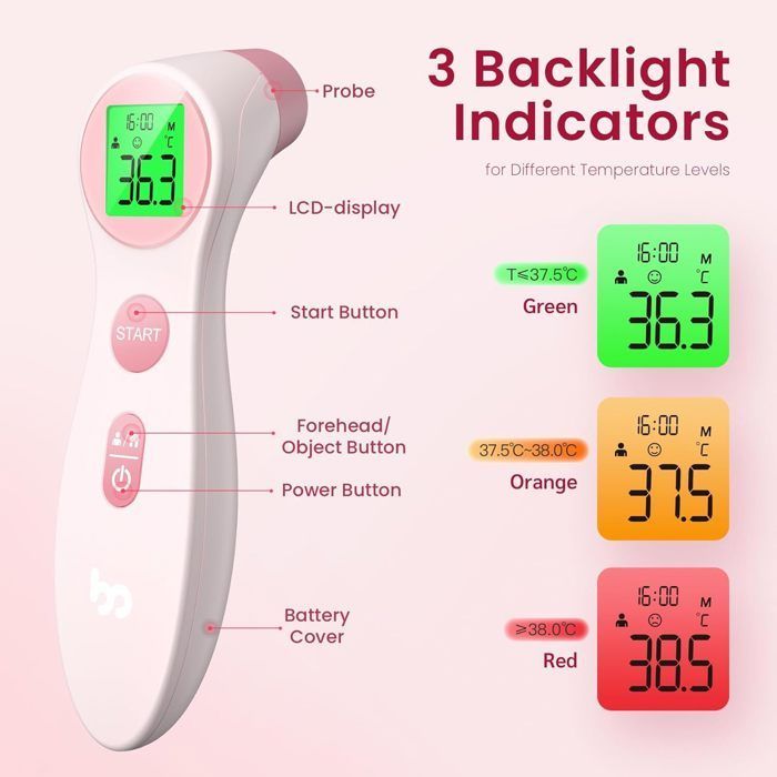 Thermomètre Frontal Infrarouge sans Contact - Pour Bébé | Rose, Simple et Précis