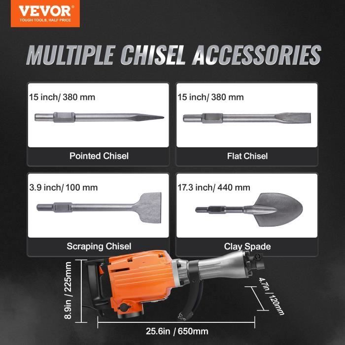 Martillo demoledor VEVOR de 2200 W - Taladro percutor rotativo - 4 cinceles, 1350 golpes por minuto