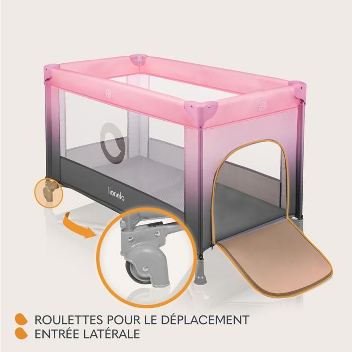 Cuna de viaje compacta 2 en 1 LIONELO Stefi - Parque infantil - 0-36 meses - Bolsa de transporte - Plegado rápido - 2 ruedas - Rosa