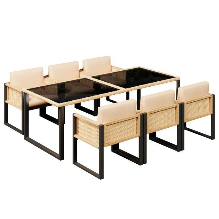 Set da giardino in polyrattan con tavolo e 6 sedie, poltrone con fodere sfoderabili e lavabili, nero e marrone, 170x80x75 cm / 55x55x80 cm