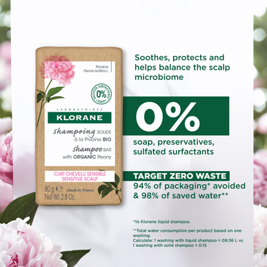 Klorane Peony -shampoopala, herkälle päänahalle, kiinteä shampoo, Peony BIO Soothing 80g 80g