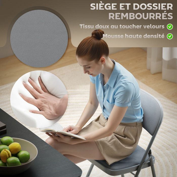 Lot de 4 chaises pliantes et portables intérieur avec assises et dossiers rembourrés en velours, cadre en acier, gris clair