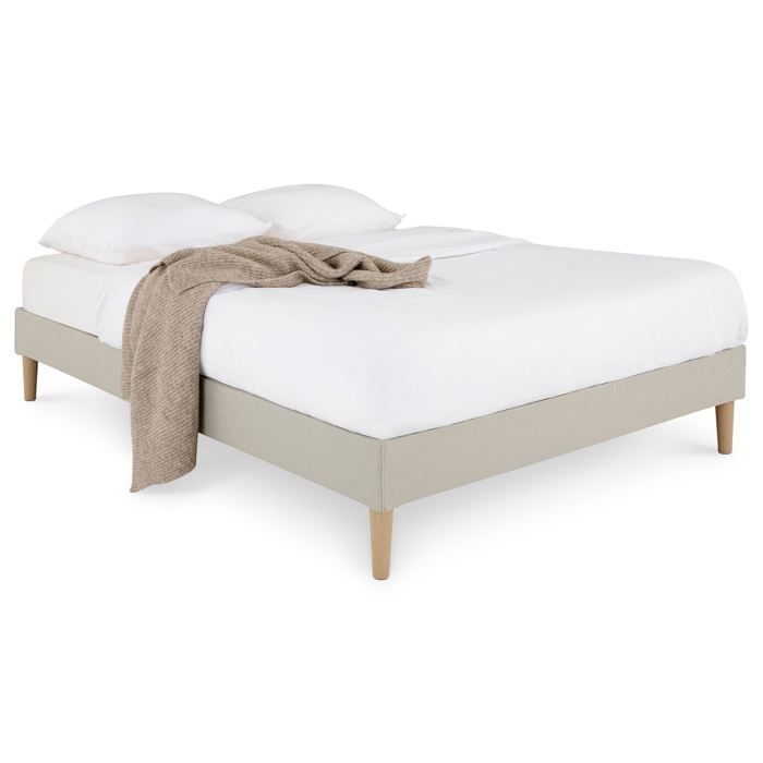 Base de cama tapizada VANNES de 120 x 190 cm, estructura de madera y revestimiento de tela beige, estructura de cama con patas y somier de láminas.