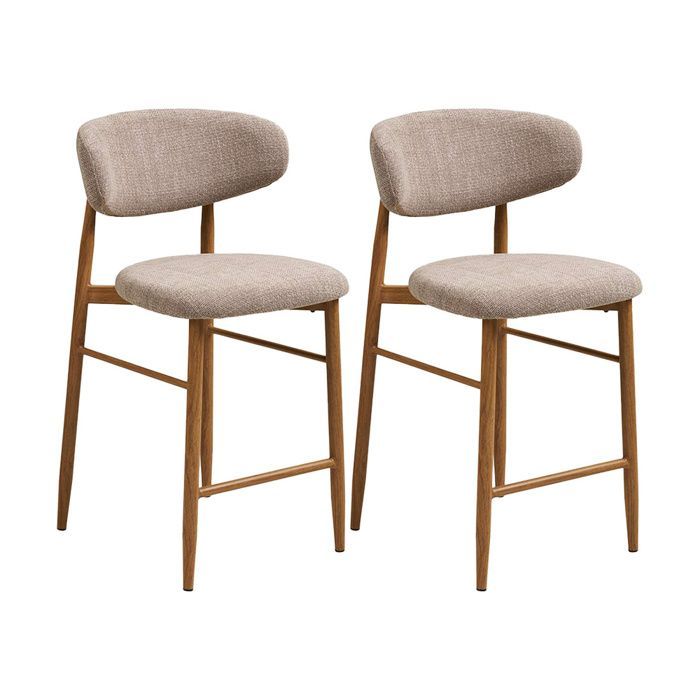 Eddie - lot de 2 tabourets en tissu texturé - pieds en acier effet bois - Bois / Beige