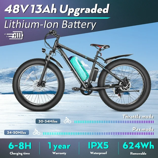 Bicicletă electrică Gocio 26 4.0 cu anvelope groase pentru adulți, bicicletă electrică pentru adulți de 500W, baterie Li-Ion detașabilă de 48V 13Ah, 7 viteze profesionale