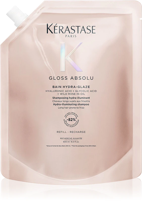 Shampoo Kérastase Gloss Absolu Bain Hydra-Glaze para cabelos brilhantes e macios.