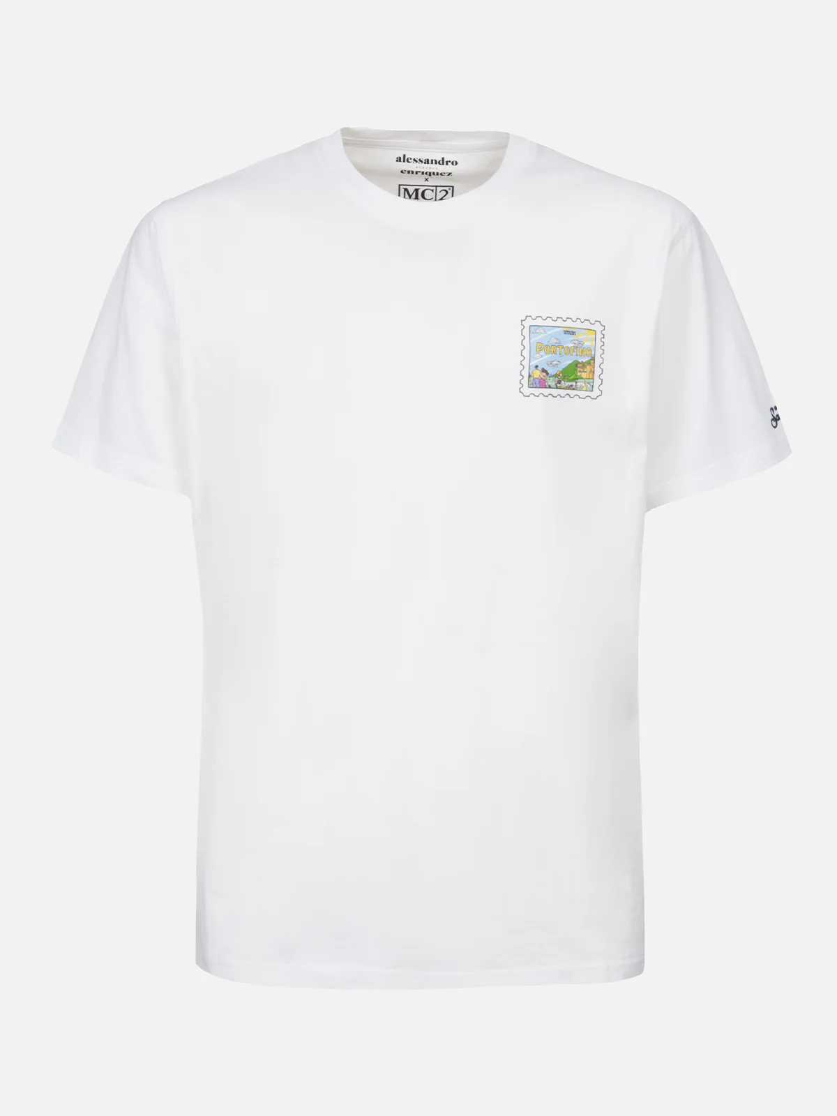 Heren katoenen T-shirt met een ansichtkaartprint van Portofino op de voor- en achterkant.