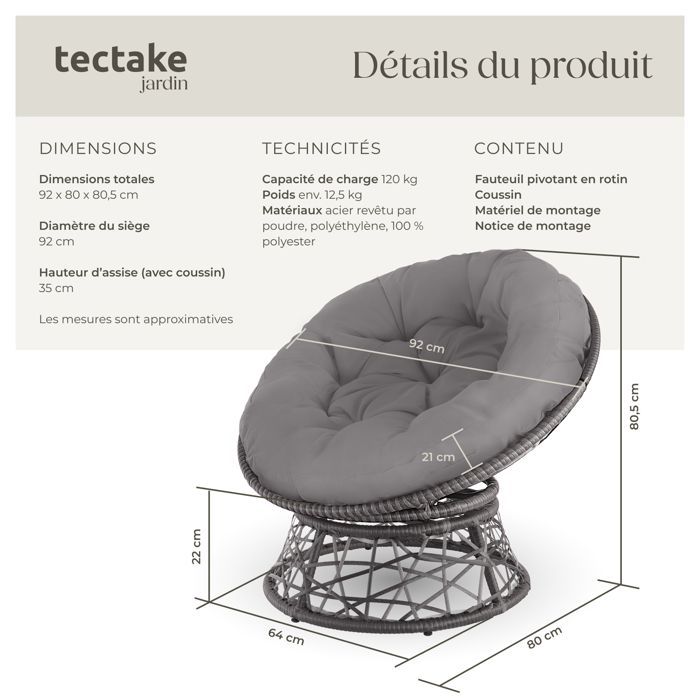 Gartensessel – TECTAKE – GARGANO Outdoor-Rattan-Loungesessel mit robustem, bequemem Rundkissen – Grau
