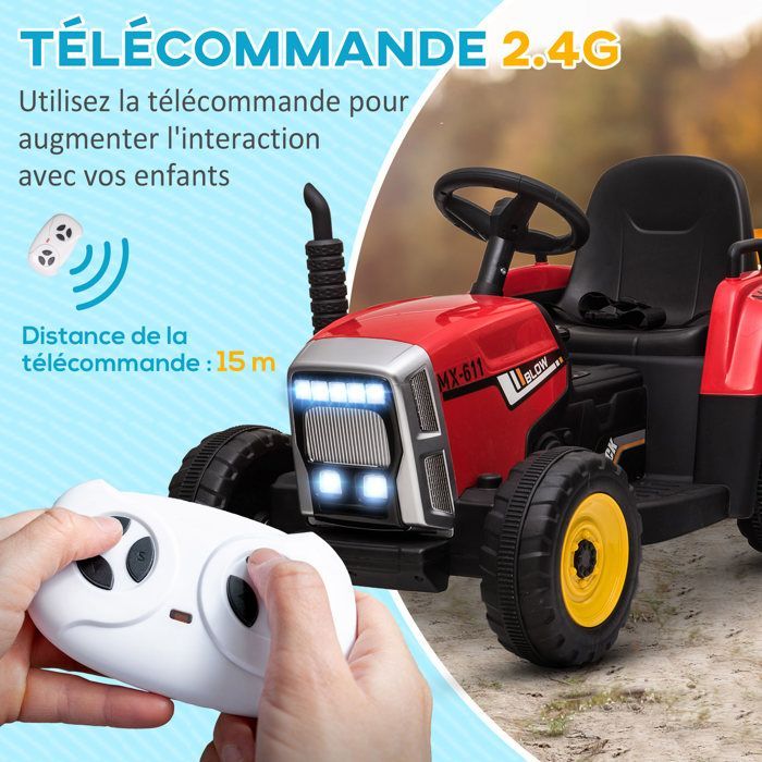 Electric Tractor - HOMCOM - with detachable trailer - with remote control, MP3 music player, display, and lights - for children aged 3-6 years - red