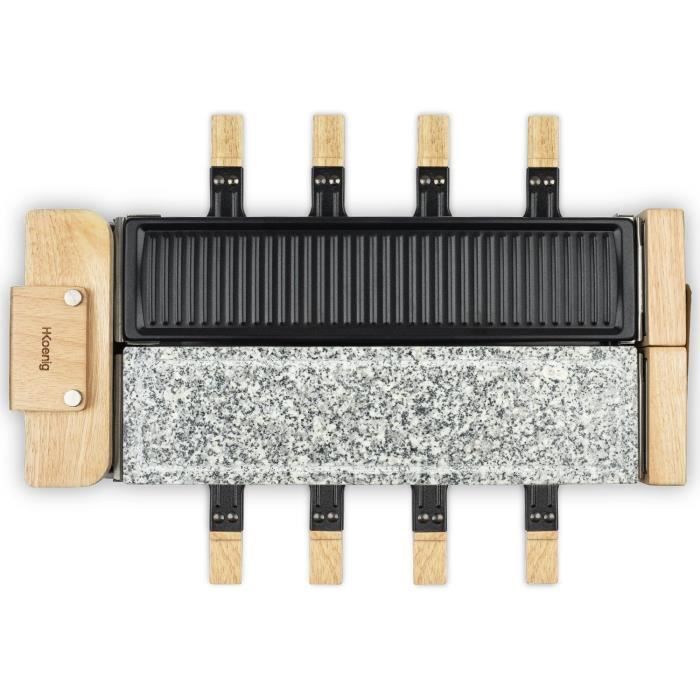 HKOENIG Raclette Grill - WOD360 - Serves up to 8 people - Rotating base with cooking stone - Wood design - 1400W