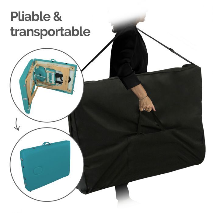 Folding 3-section wooden massage table with Reiki panel + Accessories and carrying case - Turquoise blue - Vivezen
