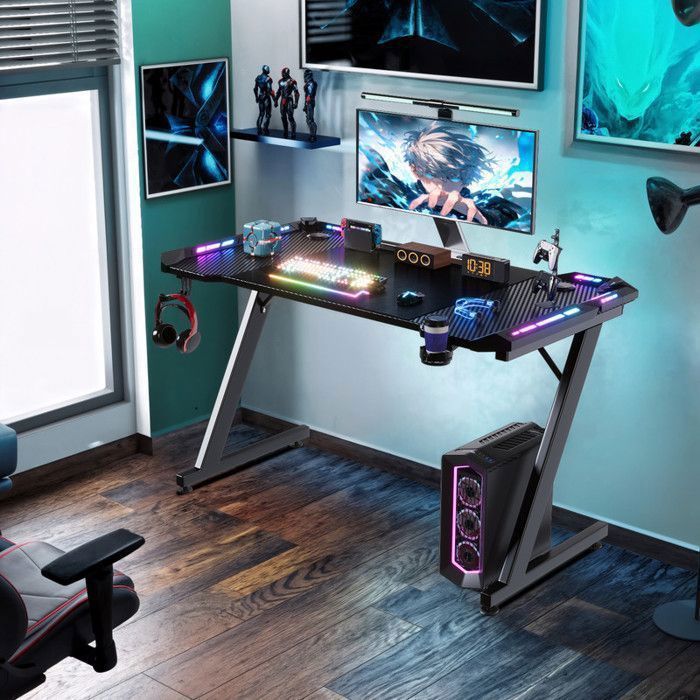 HOMALL LED Gaming Desk 120×60cm, USB Touch Light Controller, Ergonomic Computer Gaming Desk, Black