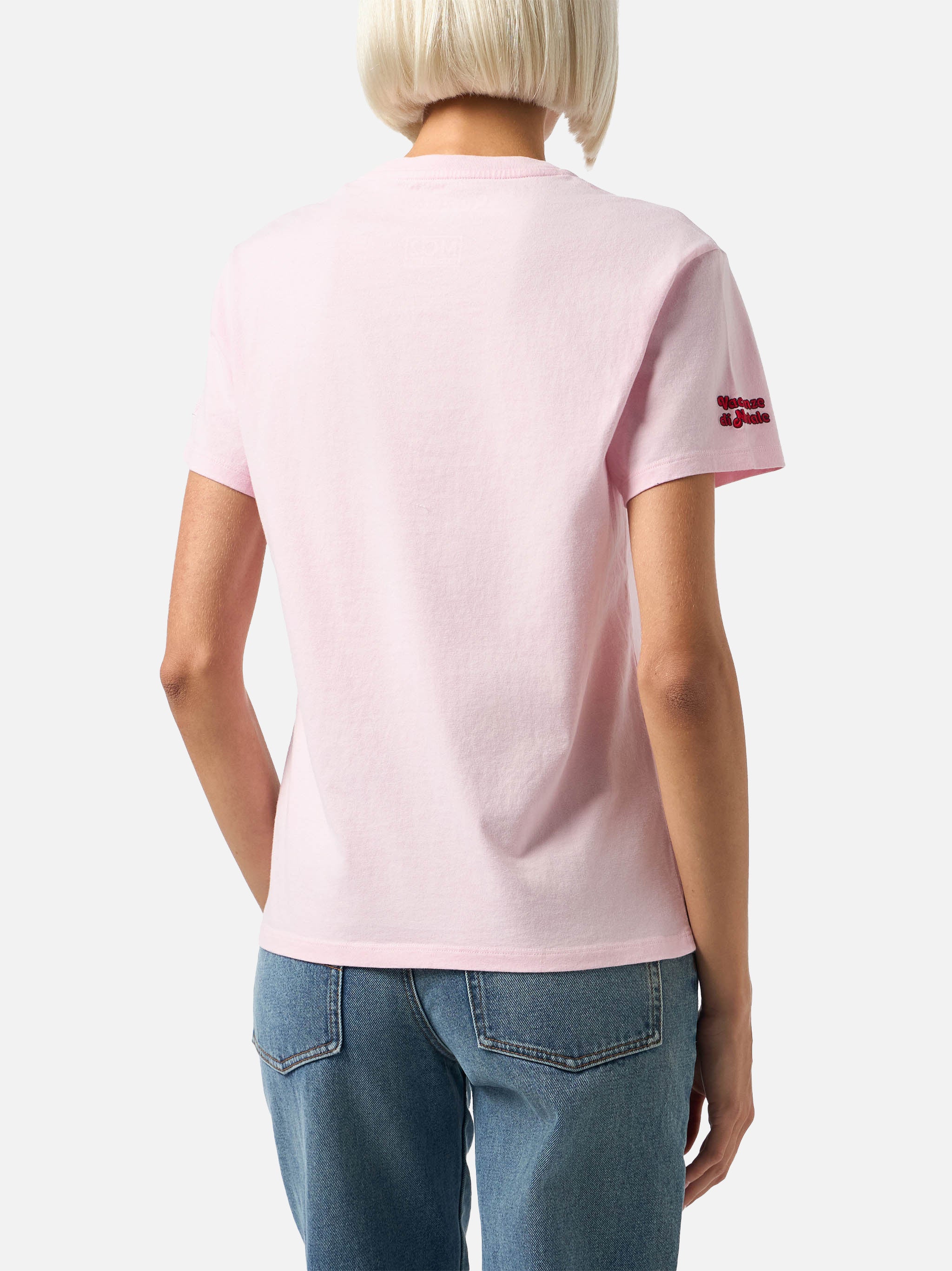 Emilie dames T-shirt van zwaar katoen in roze met geborduurde tekst 