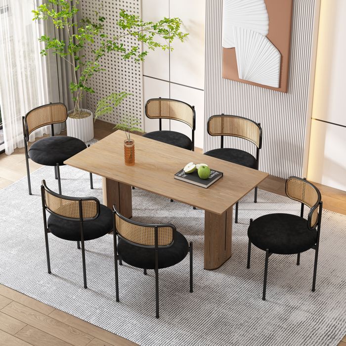 MODFU Lot de 4 chaises de salle à manger en Velours et Rotin avec pieds en Métal. modernes et simples pour salon. noir